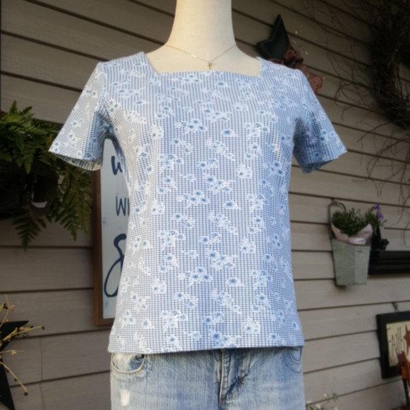 LIZ CLAIBORNE ♡ Sweet Vintage Blue|White Floral Box Pattern Short Sleeve Top SP - Picture 10 of 16